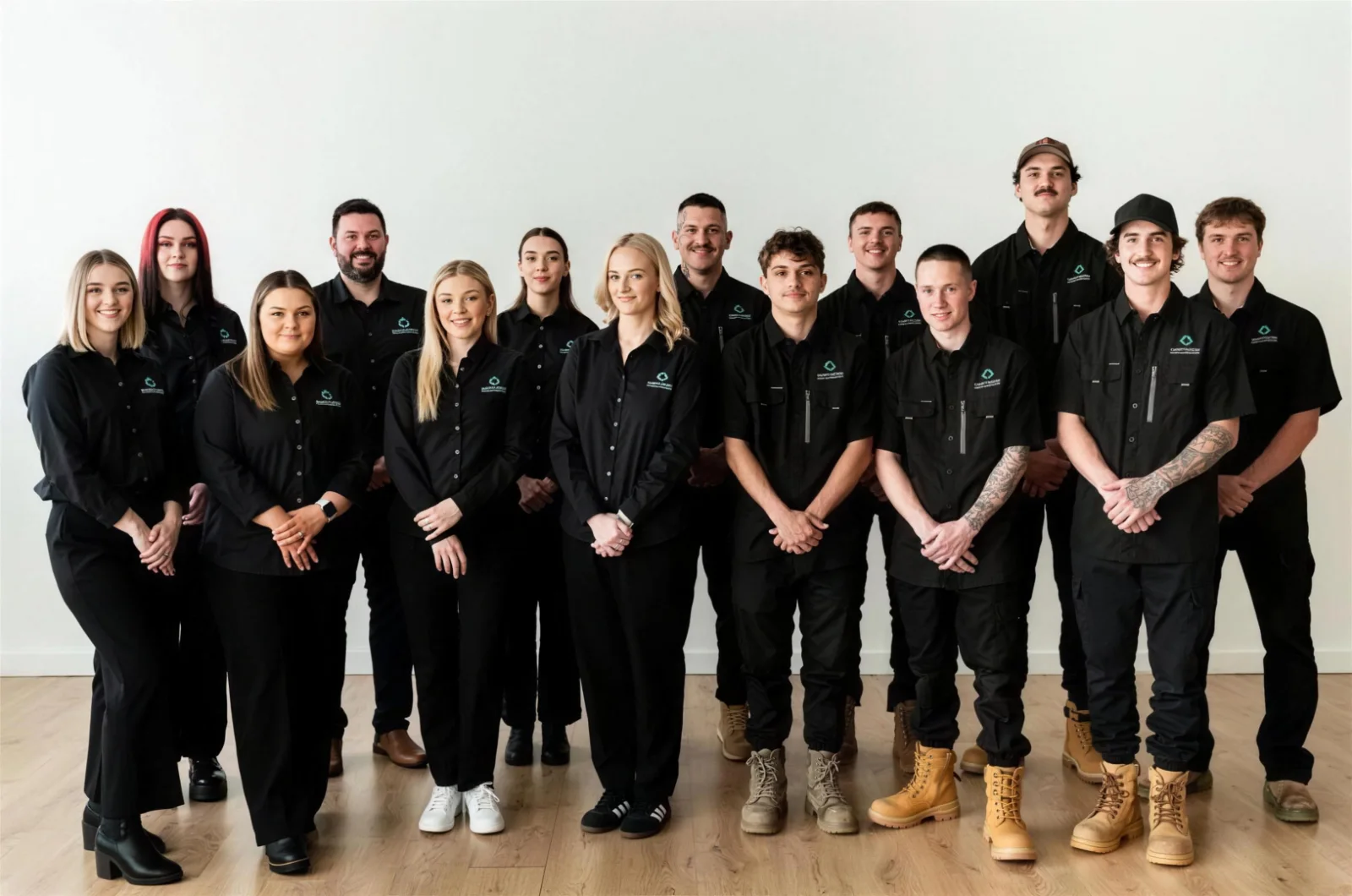 The Clean Energy Solutions team, thirteen staff in black CES uniforms